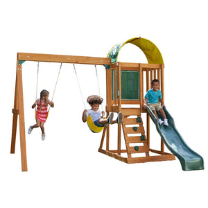 Three children enjoy the Outdoor Wooden Swing Playset, which includes two swings, a slide, and a climbing ladder under a partial canopy.