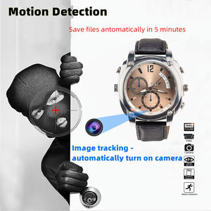 A masked person peeks around a corner, highlighting the Wristwatch SpyCam with 1080P video, motion detection, night vision, and auto-recording icons displayed.