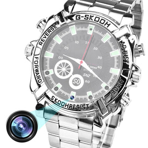 Watch SpyCam features a hidden 1080P camera, labeled bezel controls, and icons for USB charging, built-in battery, and plug-and-play covert recording.