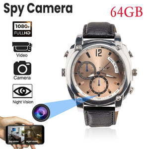 The Wristwatch SpyCam features 1080P video, night vision, 64GB storage, and a built-in camera. Shown with its camera features and a smartphone displaying clear covert footage.