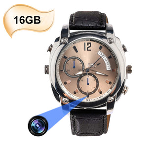 The Wristwatch SpyCam features a brown leather band, hidden camera lens, 16GB storage icon at the top left, and records crystal-clear 1080P video for discreet use.