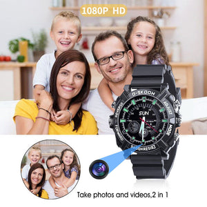 A smiling family poses for a photo, accompanied by an image of the Stylish Watch SpyCam, which discreetly features hidden camera technology and offers impressive photo and video capabilities.