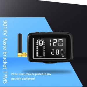 The Tire Pressure & Temperature Monitoring System's display shows a tire layout with numbers 120 and 28, includes an antenna, features the text "901RV Paste bracket TPMS," and setup instructions, prioritizing driving safety.