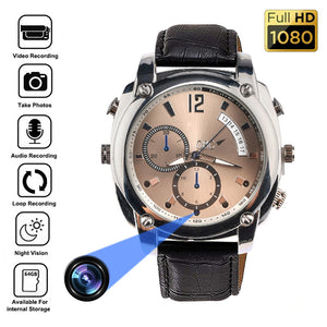 The Wristwatch SpyCam features a hidden lens and icons for video, photo, audio, loop recording, night vision, and clear 1080P footage—perfect for discreet and versatile use.