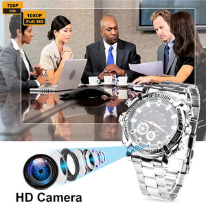 Four people in business attire sit around a table, with a graphic of the Watch SpyCam—a 1080P camera watch with video & audio recording and visible lens elements—displayed prominently in the foreground.