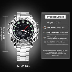 The Watch SpyCam, a silver wristwatch with a black dial and multiple buttons, features a discreet 1080P camera for video/audio recording, weighs 125g, and has a band width of 0.78in (20mm).