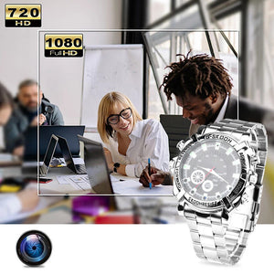 Two people work at a desk, with a silver Watch SpyCam (1080P) in the foreground and graphics highlighting the difference between 720p and 1080p HD video quality.