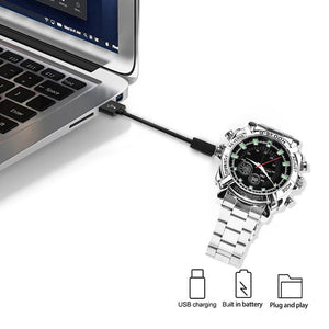 The Watch SpyCam connects to your laptop via USB cable, featuring USB charging, plug-and-play setup, a built-in battery, and covert recording—making it ideal for discreet surveillance.
