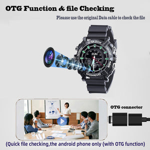 The Stylish Watch SpyCam, featuring a hidden lens, is displayed. Below, its captured 1080P classroom footage appears on a monitor. An OTG connector lets you quickly check files on Android phones from this sleek spy camera watch.
