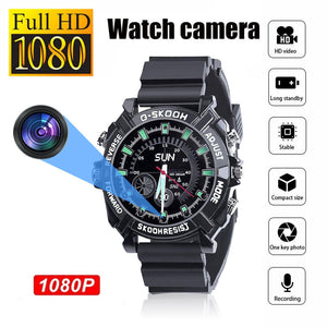 The Stylish Watch SpyCam is a black digital wristwatch with a hidden camera, offering Full HD 1080P recording; icons highlight HD video, long standby, stable performance, compact design, and easy use.
