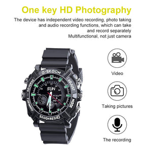 The Stylish Watch SpyCam is a black digital wristwatch with HD camera, allowing discreet video recording, photo taking, and audio recording—icons and text in the image highlight its advanced spy features.