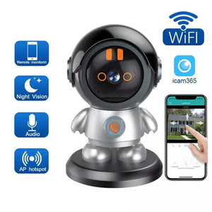 The Mini Robot SpyCam is shown with icons for home security, night vision, audio, AP hotspot, AI auto-tracking, and a smartphone displaying the surveillance app.
