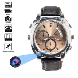 The Wristwatch SpyCam blends style and surveillance with a hidden camera lens, leather strap, and icons denoting 1080P video, photo capture, night vision, 32GB storage, and motion detection.