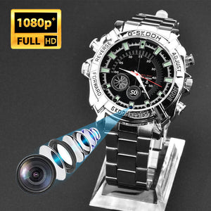 A silver Watch SpyCam with a camera lens graphic, featuring discreet 1080p+ Full HD video and audio recording, and a "1080p+ Full HD" label in the top left corner to highlight its built-in spy camera capabilities.