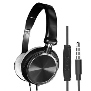 The Wired Bass Stereo Headphone features a black over-ear design, padded headband, high-definition drivers, inline control button, and a standard 3.5mm audio jack plug.