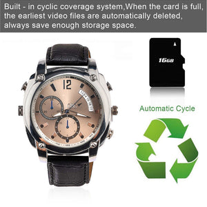 The Wristwatch SpyCam features night vision, a built-in camera, 16GB memory, and auto cycle recording—perfect for discreet recording and efficient storage.