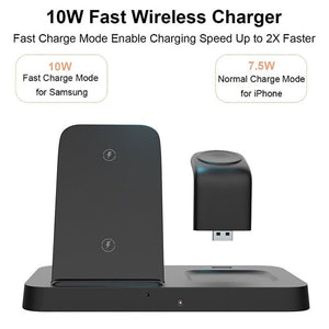 The Universal Charging Station SpyCam is a sleek black 10W fast wireless charger with a separate USB adapter. It blends efficiency and innovation with Smart Charging Hub technology, supporting Samsung fast charge at 10W and iPhone normal charge at 7.5W.