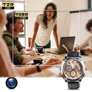 A Wristwatch SpyCam is shown in the foreground, with three people meeting around a table with laptops and coffee in the blurred background. Icons highlight its 720p and 1080P HD video quality.