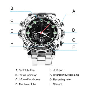 The Watch SpyCam is a silver multifunctional wristwatch with buttons, status indicator, mode key, USB port, recording hole, camera, and time display—ideal for discreet 1080P video and audio recording.