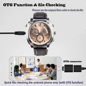 The Wristwatch SpyCam connects to Android phones via an OTG cable, lets you check files, and streams 1080P video. It also supports night vision for clear low-light footage.