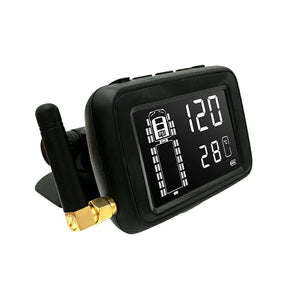 The Tire Pressure & Temperature Monitoring System, featuring an antenna, enhances safety by displaying tire pressure at 120 and temperature at 28 on a screen.
