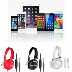 A variety of smartphones and tablets are displayed in the background, with red, black, and white Wired Bass Stereo Headphones featuring over-ear design, high-definition drivers, and 3.5mm audio jacks shown in the foreground.