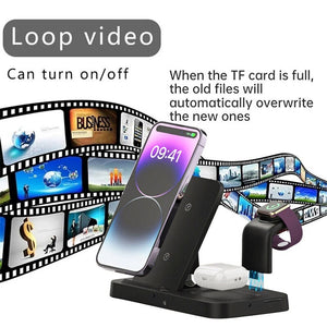 The Universal Charging Station SpyCam charges a smartphone, smartwatch, and earbuds while playing a looping video. Its SpyCam feature is perfect for covert surveillance, and it automatically overwrites files when the TF card is full.