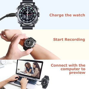 Step-by-step instructions for your Stylish Watch SpyCam: charge it, begin recording, and connect to your computer to view videos recorded with this discreet 1080P surveillance watch.