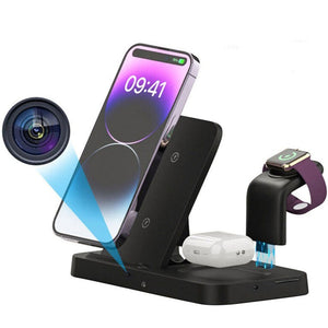 Introducing the Universal Charging Station SpyCam, a stylish hub for your phone, watch, and earbuds. It includes a digital lens image projecting a blue beam toward the phone, showcasing advanced gadgetry for tech enthusiasts.