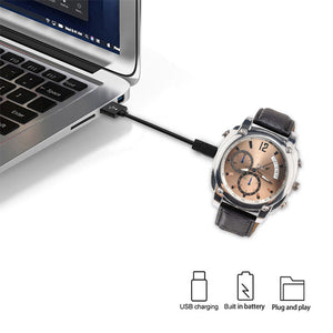 The Wristwatch SpyCam is shown charging via USB cable connected to a laptop. Icons highlight its USB charging, built-in battery, plug-and-play use, plus 1080P video and night vision features.