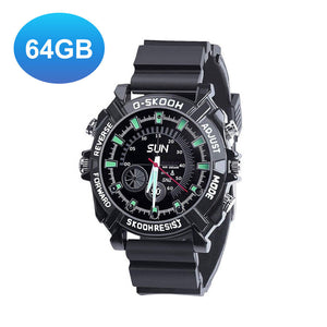 Stylish Watch SpyCam: Black digital sports watch with a round face, labeled buttons, black strap, and discreet 1080P surveillance features. A "64GB" blue badge appears in the top left corner.