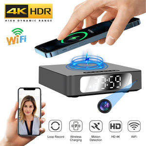 The Wireless Charger Clock SpyCam is a digital clock with a hidden spy camera, wireless charging, WiFi, 4K HDR video, motion detection, and loop recording—displayed next to a phone on a video call.