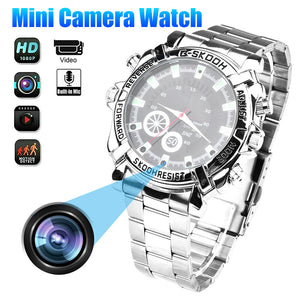 Watch SpyCam is a silver wristwatch with a hidden camera, HD 1080P video, built-in mic, motion detection, and audio recording. Text on the watch reads "Mini Camera Watch.