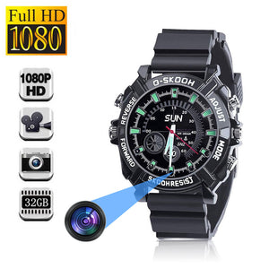 The Stylish Watch SpyCam is a black digital wristwatch with a hidden Full HD 1080p camera, 32GB storage, and discreet multifunction bezel buttons.