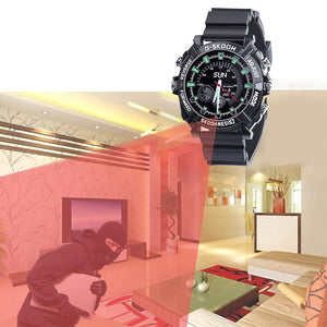 A masked burglar with a bag enters a modern living room marked by a red detection zone, as the Stylish Watch SpyCam, featuring 1080P surveillance, is prominently superimposed above the scene.