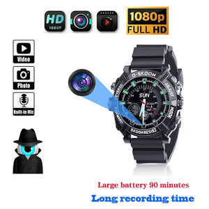 Stylish Watch SpyCam: a black wristwatch with hidden camera, blue accent, HD video, photo, built-in mic icons, spy figure, and 90-min battery life—offering discreet and stylish 1080P surveillance.