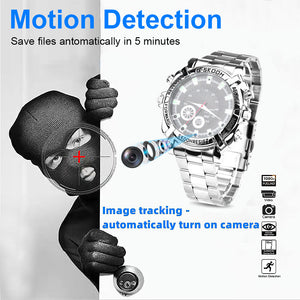 A masked person peers through a door peephole as the Watch SpyCam—a discreet watch with a hidden 1080P camera—appears, showcasing its covert recording, motion detection, and automatic image tracking features.