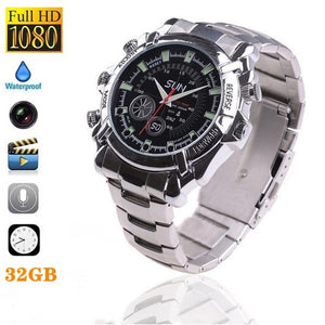 A silver Watch SpyCam wristwatch with a black dial, featuring 1080P camera icons, 32GB storage, HD video/audio recording, and waterproof capability—all details shown on the left.
