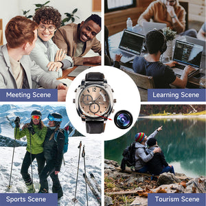 A collage of meetings, learning, sports, and tourism scenes surrounds a central Wristwatch SpyCam with 1080P video and night vision, highlighting how the Wristwatch SpyCam blends daily life moments with cutting-edge technology.
