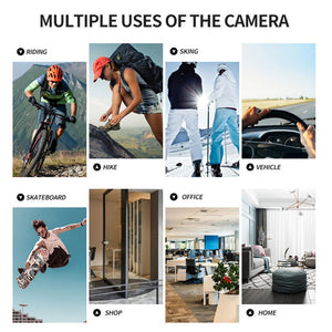 Collage features mountain biking, hiking, skiing, driving, skateboarding, shopping, office work, and a living room—all discreetly recorded with the Stylish Watch SpyCam for seamless 1080P surveillance.