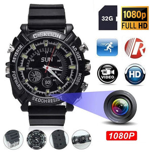 Stylish Watch SpyCam—your discreet surveillance device with hidden camera, 1080P full HD video recording, 32GB storage, and clearly labeled function buttons shown with product icons.