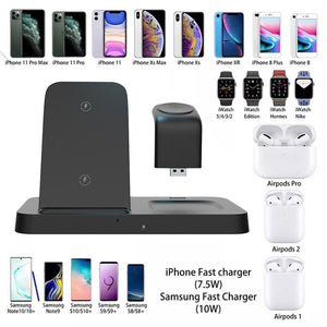 Universal Charging Station SpyCam with multiple slots for iPhones, Samsung phones, AirPods, and Apple Watches. Device compatibility images elegantly displayed around the dock.