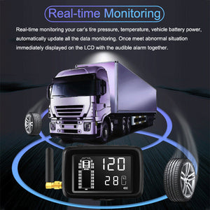 Illustration of the Tire Pressure & Temperature Monitoring System shows a truck and digital display notably featuring the tire pressure and temperature. A sensor and tire appear prominently, emphasizing Driving Safety in real-time for vehicle tires.