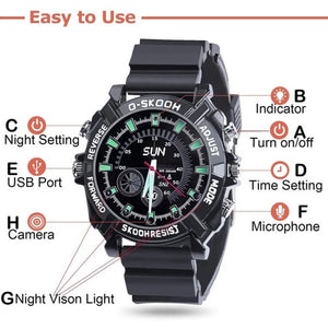 The Stylish Watch SpyCam is a sleek black digital wristwatch with labeled features: night setting, power, time, night vision light, USB port, camera, microphone, and indicator—your 1080P surveillance device and fashion accessory in one.