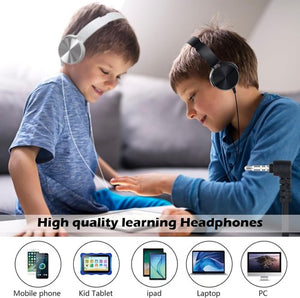 Two boys sit on a couch smiling while wearing Wired Bass Headphones, with icons below indicating device compatibility for mobile phones, tablets, iPads, laptops, and PCs.