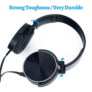 Black over-ear Wired Bass Headphone with ergonomic design and adjustable headband is displayed bent at the hinges to show flexibility. Above, text in blue reads "Strong Toughness / Very Durable.
