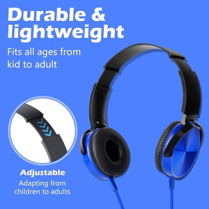 The Wired Bass Headphone in blue and black features an ergonomic design for durability, lightweight comfort, and studio-quality sound—ideal for all ages, from kids to adults.