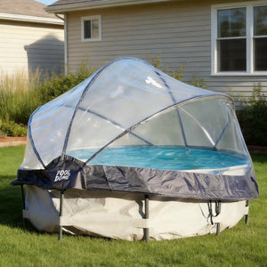 In a backyard, an above-ground pool is sheltered by the Large Outdoor Above Ground Pool Cover, a clear dome that provides transparent protection while allowing views of the house and surrounding grassy area.