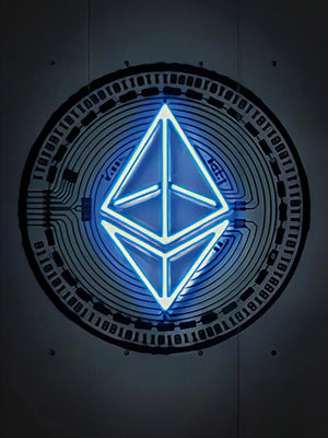 Introducing the Frameless Ethereum Print—this vibrant blue neon wall art features a glowing Ethereum logo centered against a dark, circular backdrop adorned with circuit-inspired patterns and binary digits. Perfect for any space, this striking print is an ideal choice for crypto enthusiasts looking to add modern style to their décor.