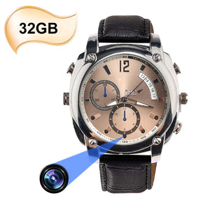 The Wristwatch SpyCam features a leather strap, hidden camera, 32GB storage, and 1080P video recording—shown with an icon and blue beam pointing to the lens on its face.